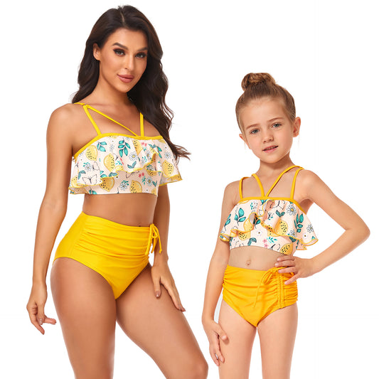 New Swimsuit High Waist Drawstring Bikini Ruffle Lined Swimsuit Parent Child Swimsuit